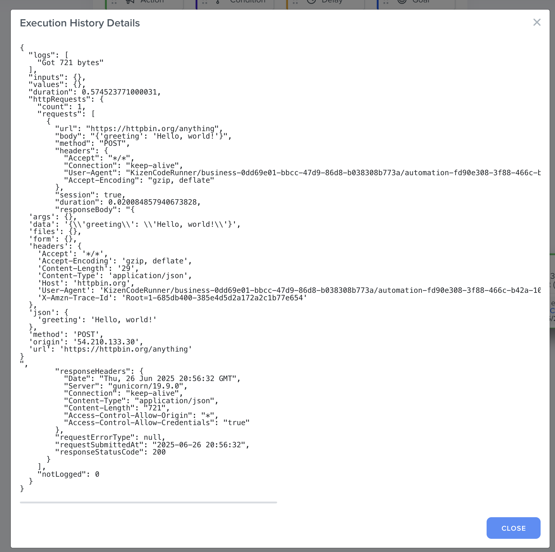 Screenshot of Code Step Execution History showing HTTP Request Logging